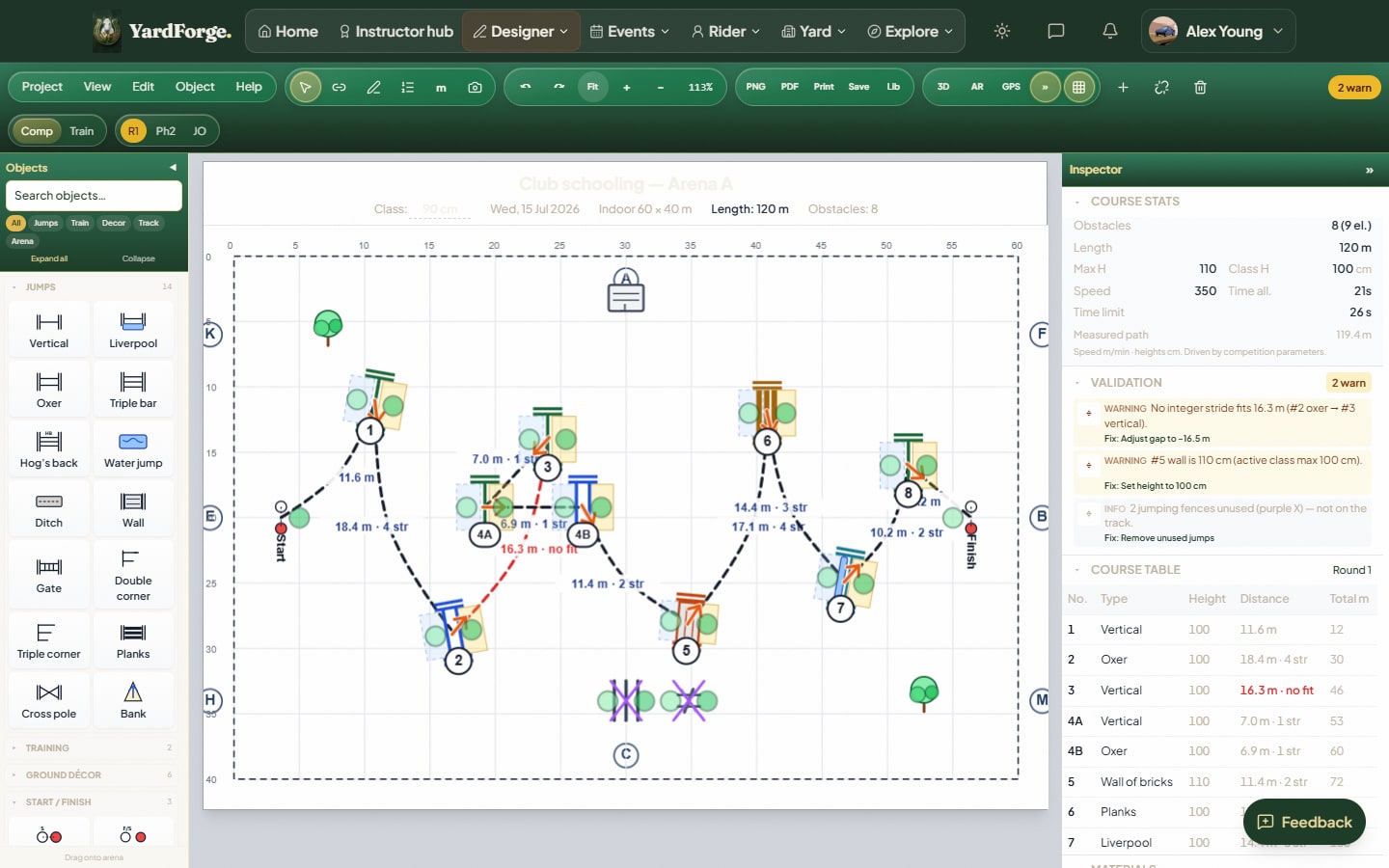 YardForge course plan view ready for multi-role PDF export