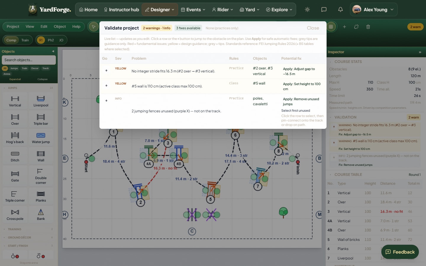 YardForge designer with live rule validation — set competition standard to British Showjumping