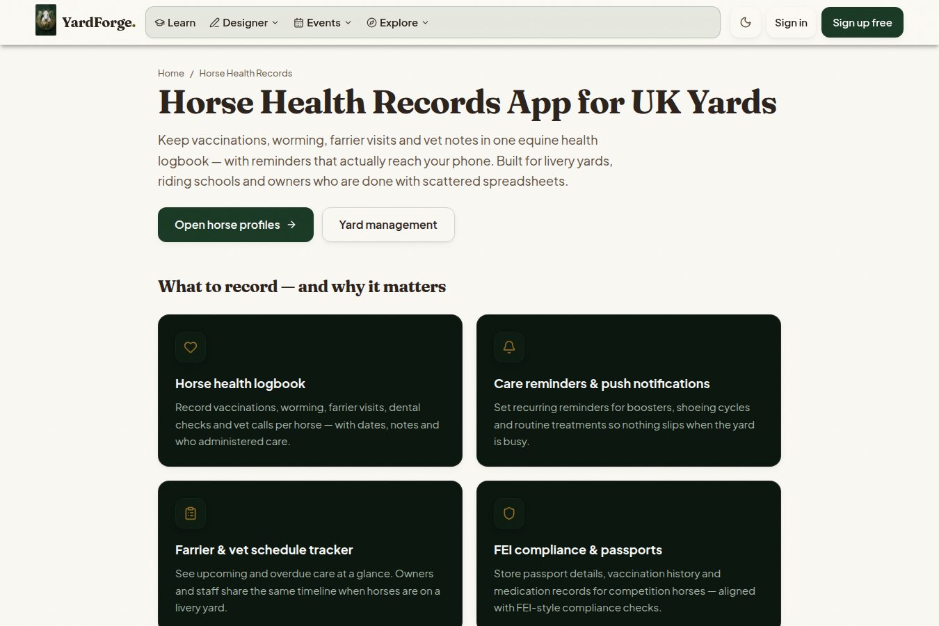 The YardForge horse health records app showing a horse's health logbook and care reminders