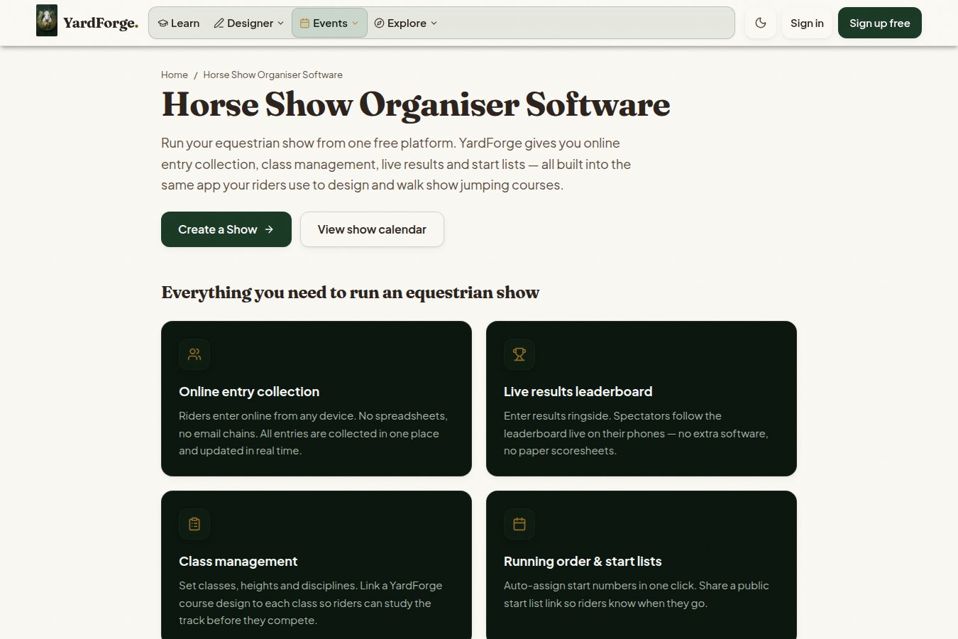 The YardForge horse show organiser software feature page showing online entries and live results