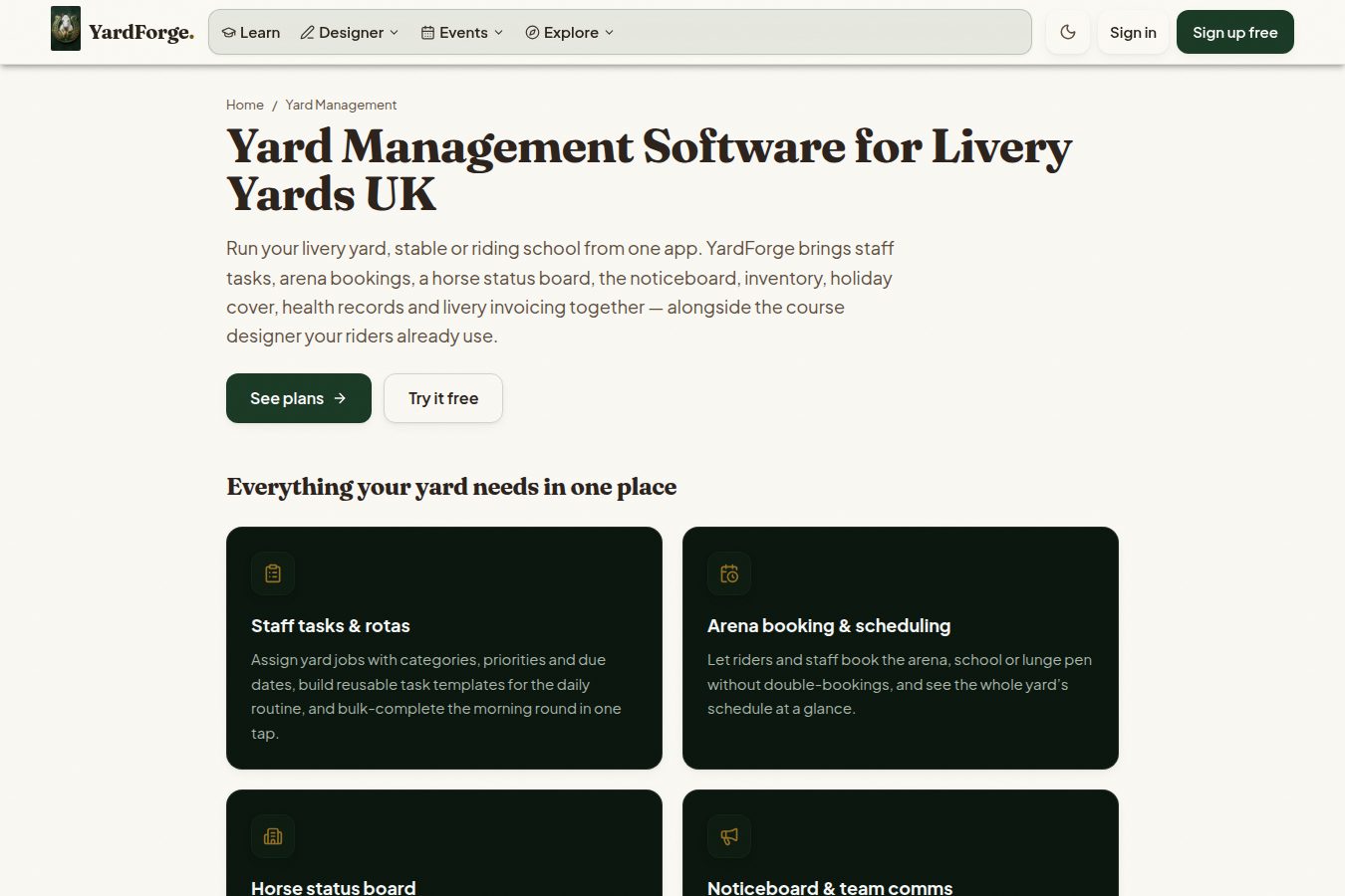 The YardForge yard management dashboard showing staff tasks and arena booking features